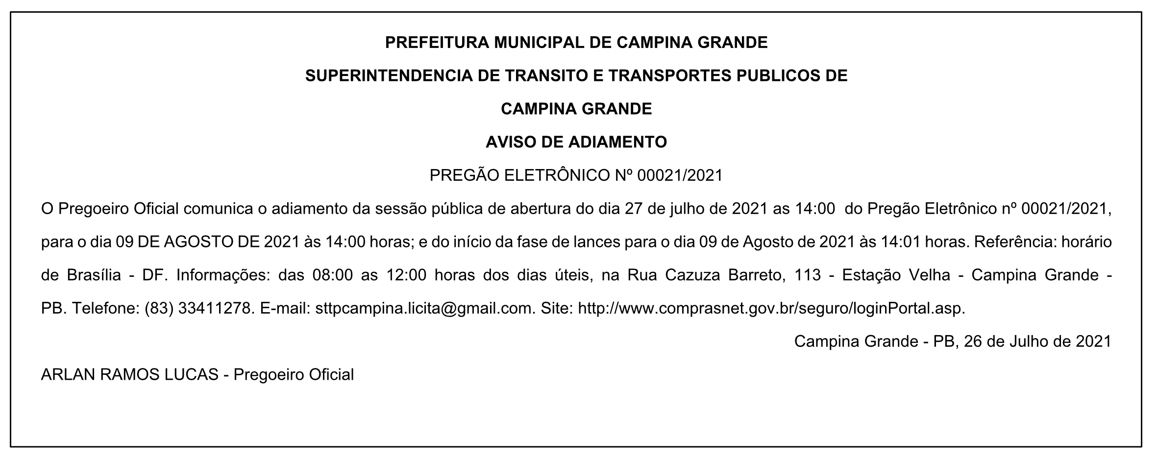 STTP – AVISO DE ADIAMENTO – PREGÃO ELETRÔNICO Nº 00021/2021