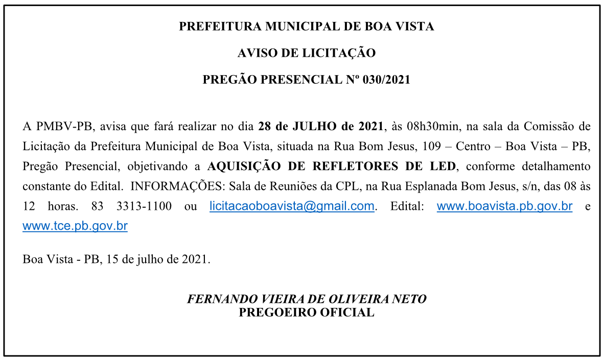 PREFEITURA MUNICIPAL DE BOA VISTA – AVISO DE LICITAÇÃO – PREGÃO PRESENCIAL Nº 030/2021