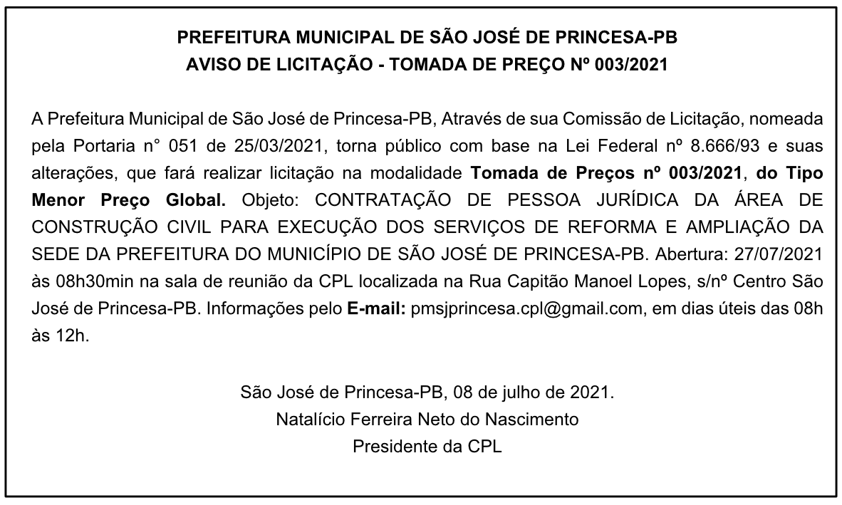 PREFEITURA MUNICIPAL DE SÃO JOSÉ DE PRINCESA – AVISO DE LICITAÇÃO – TOMADA DE PREÇO Nº 003/2021