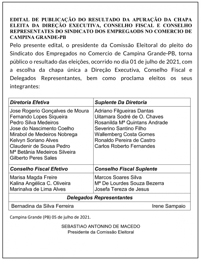 SECCG-PB – Edital de Resultado das Eleições