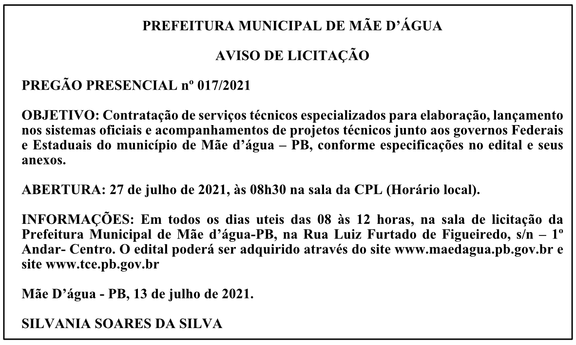 PREFEITURA MUNICIPAL DE MÃE D’ÁGUA – AVISO DE LICITAÇÃO – PREGÃO PRESENCIAL Nº 017/2021