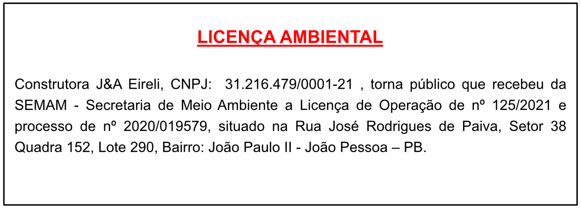 Construtora J&A Eireli – Licença Ambiental