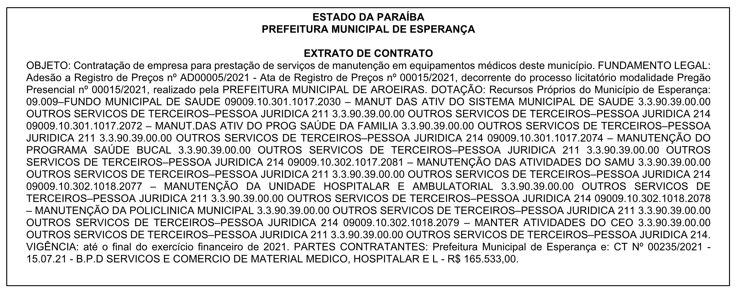 PREFEITURA MUNICIPAL DE ESPERANÇA – EXTRATO DE CONTRATO