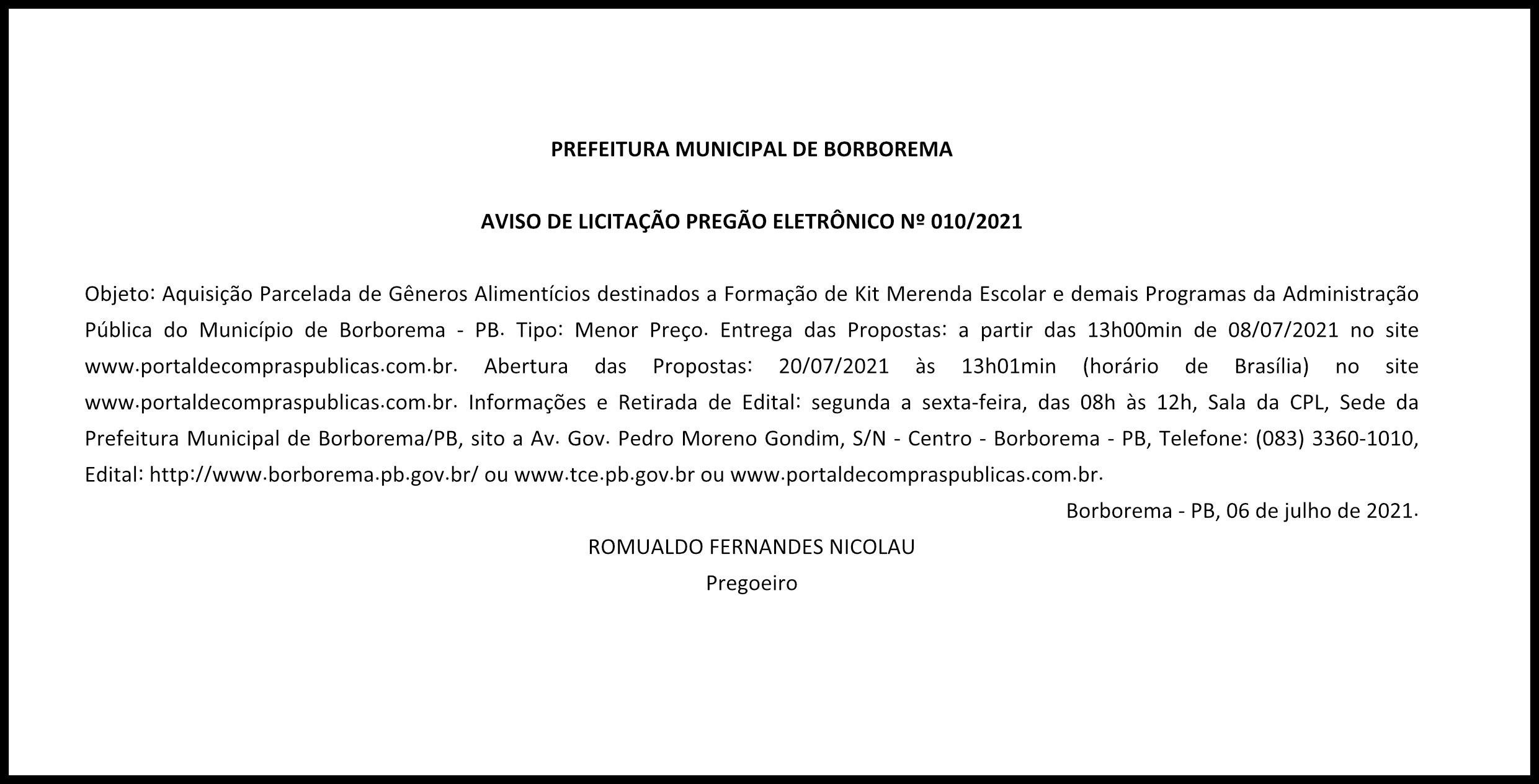 PREFEITURA MUNICIPAL DE BORBOREMA – AVISO DE LICITAÇÃO – PREGÃO ELETRÔNICO Nº 010/2021