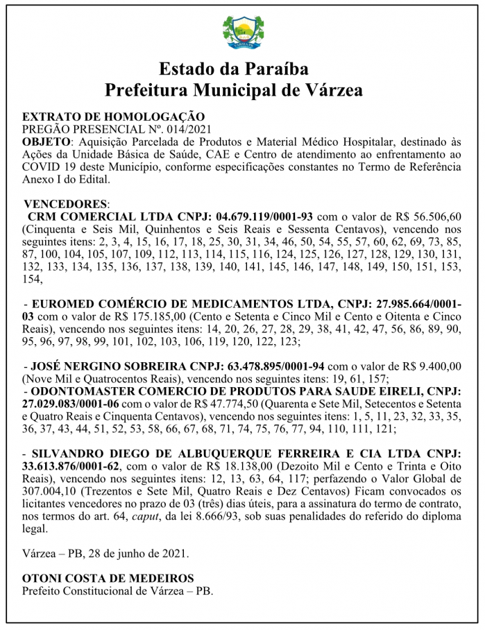 PREFEITURA MUNICIPAL DE VÁRZEA – EXTRATO DE HOMOLOGAÇÃO – PREGÃO PRESENCIAL Nº 014/2021