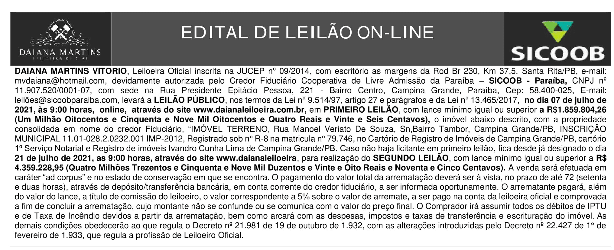 SICOOB-PB – EDITAL DE LEILÃO ON-LINE