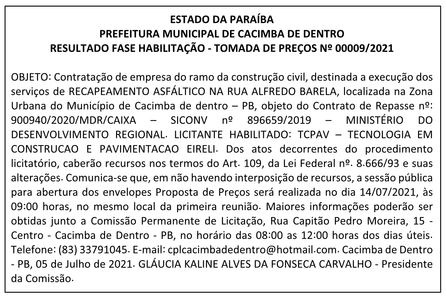 PREFEITURA MUNICIPAL DE CACIMBA DE DENTRO – RESULTADO FASE HABILITAÇÃO – TOMADA DE PREÇOS Nº 00009/2021