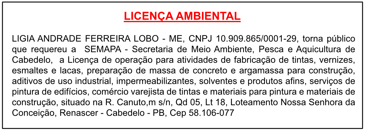 LIGIA ANDRADE FERREIRA LOBO – ME – LICENÇA AMBIENTAL