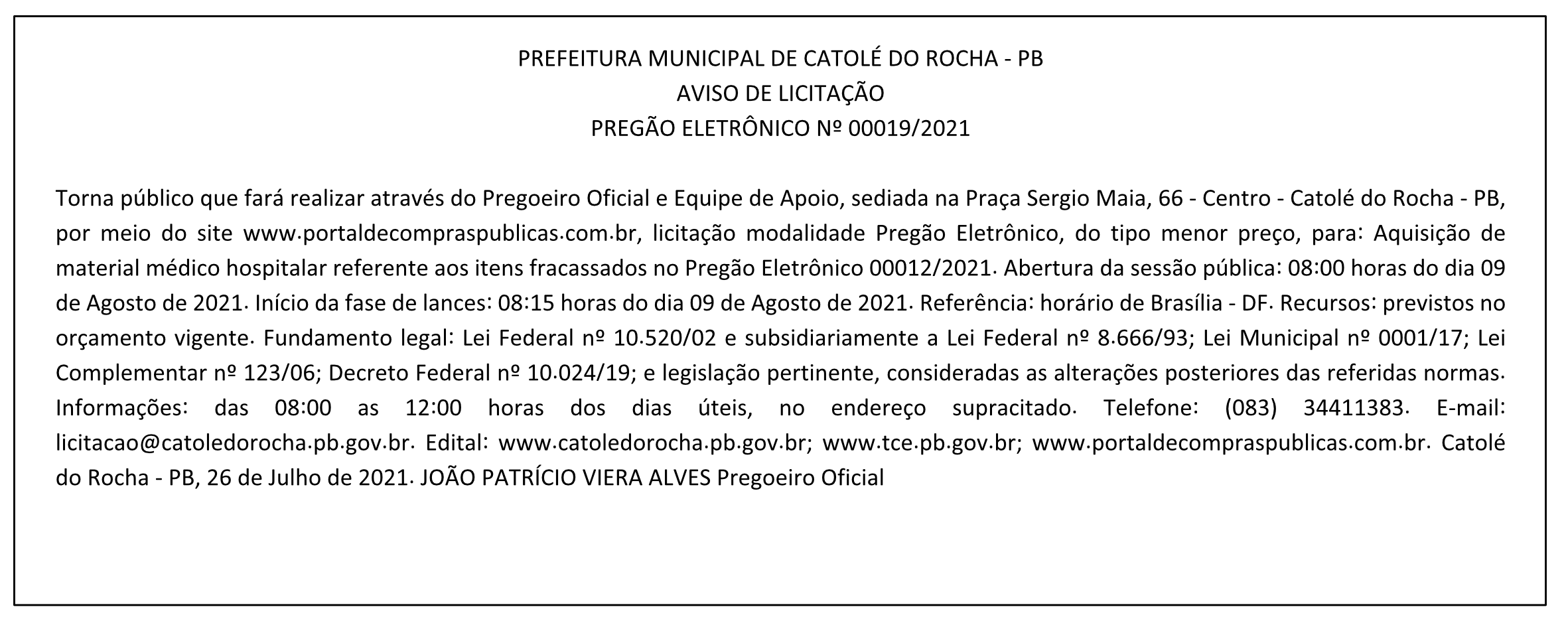 PREFEITURA DE PEDRAS DE FOGO – AVISO DE ADIAMENTO DE LICITAÇÃO – FUNDO MUNICIPAL DE SAÚDE – PREGÃO PRESENCIAL N° 0006/2021 – PROCESSO LICITATÓRIO N° 1042/2021