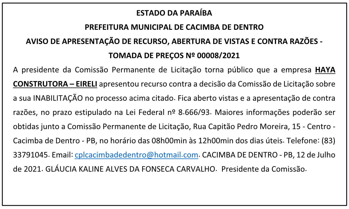 PREFEITURA MUNICIPAL DE CACIMBA DE DENTRO – AVISO DE APRESENTAÇÃO DE RECURSO, ABERTURA DE VISTAS E CONTRA RAZÕES – TOMADA DE PREÇOS Nº 00008/2021