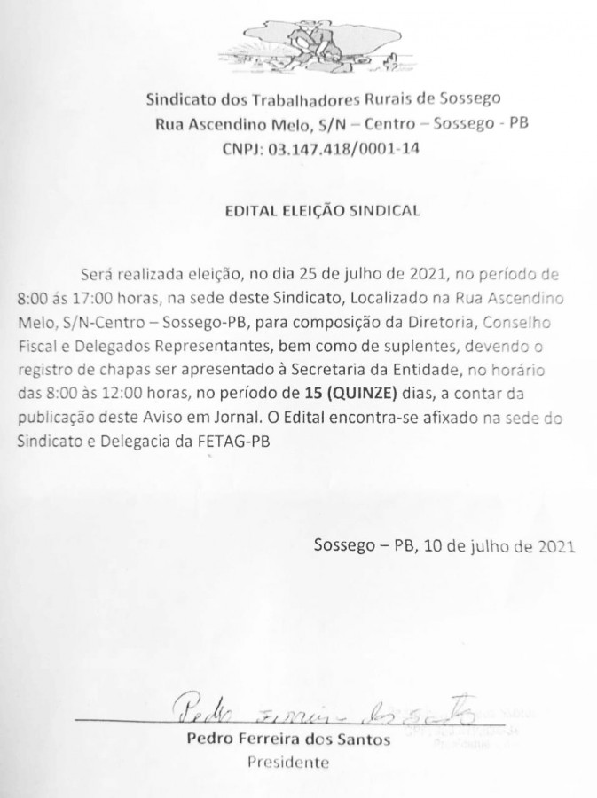 Sindicato dos Trabalhadores Rurais de Sossego – Edital de Eleição Sindical
