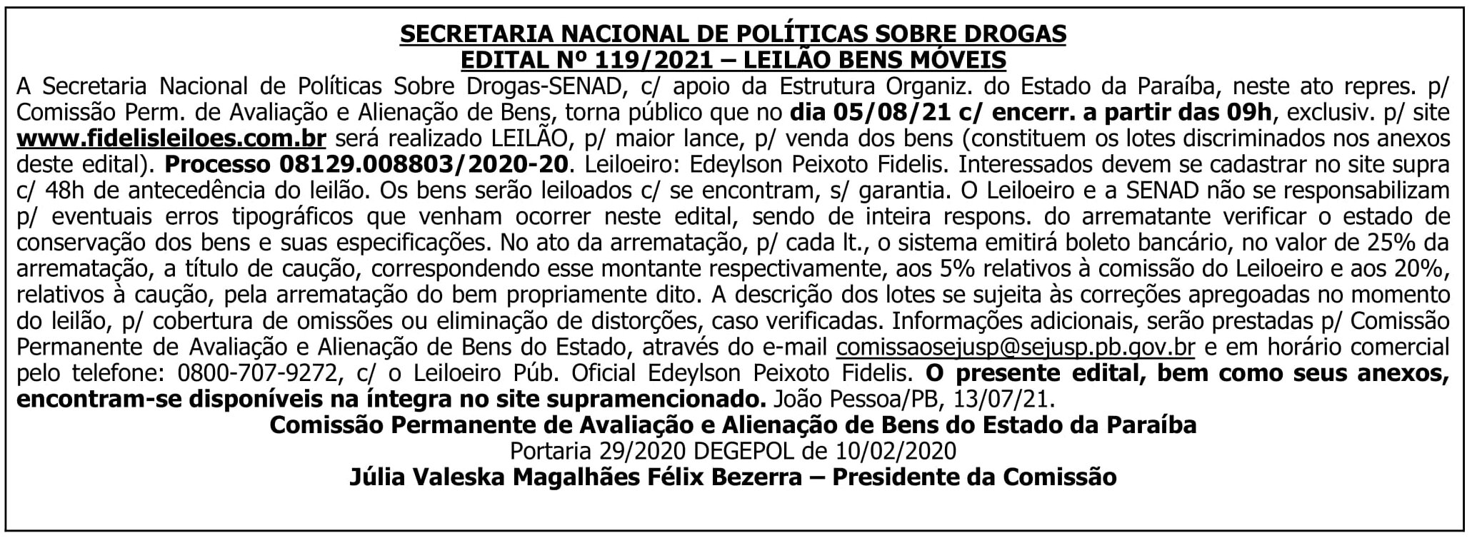 SENAD/PB – EDITAL Nº 119/2021 – LEILÃO BENS MÓVEIS