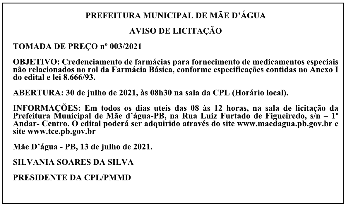 PREFEITURA MUNICIPAL DE MÃE D’ÁGUA – AVISO DE LICITAÇÃO – TOMADA DE PREÇO Nº 003/2021