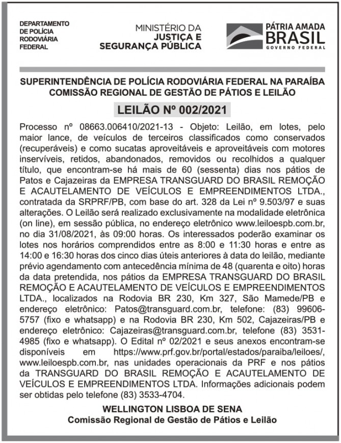 SRPRF – PB – 14° SR – JOÃO PESSOA – LEILÃO Nº 02/2021