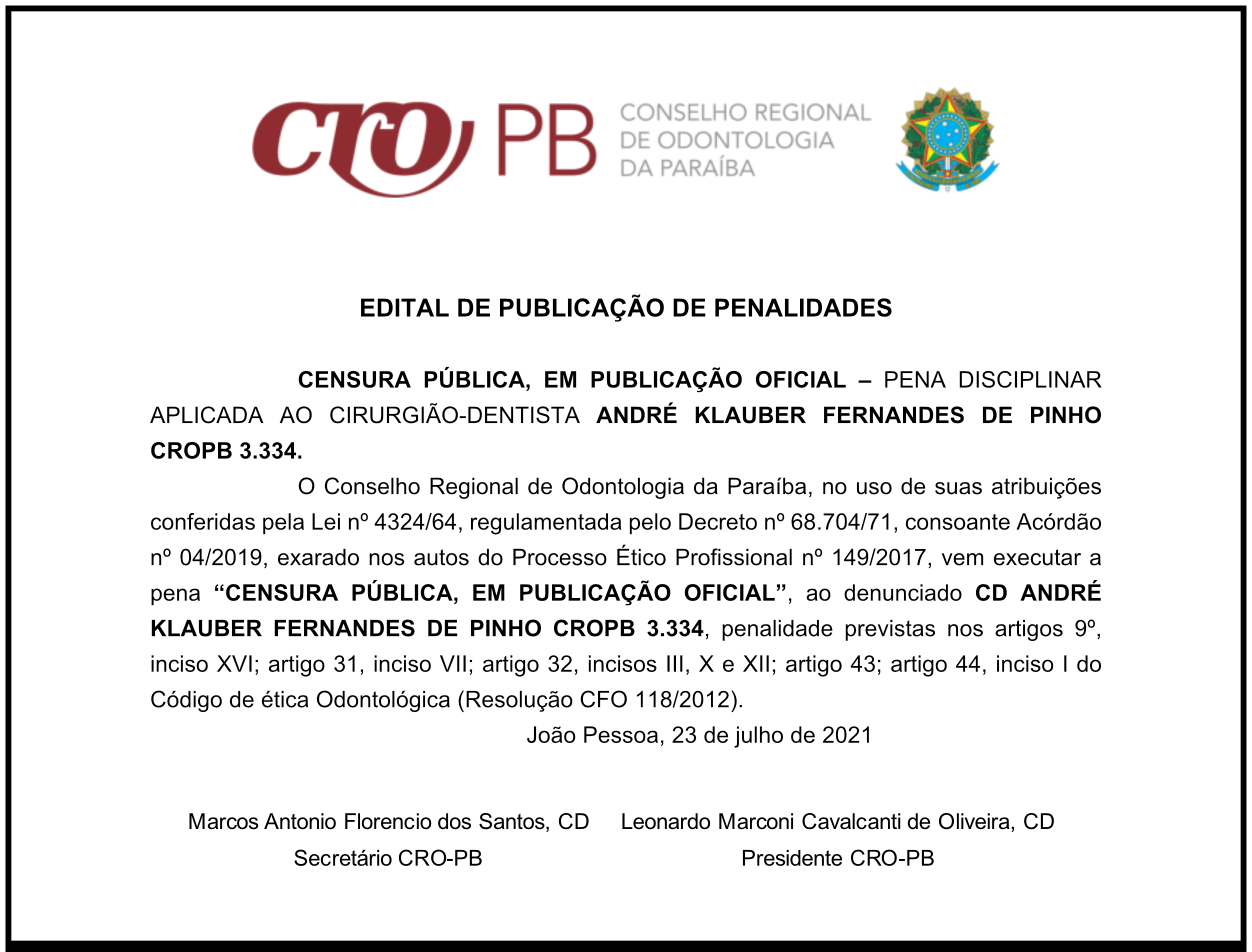 Conselho Regional de Odontologia da Paraíba – Edital de Publicação de Penalidades