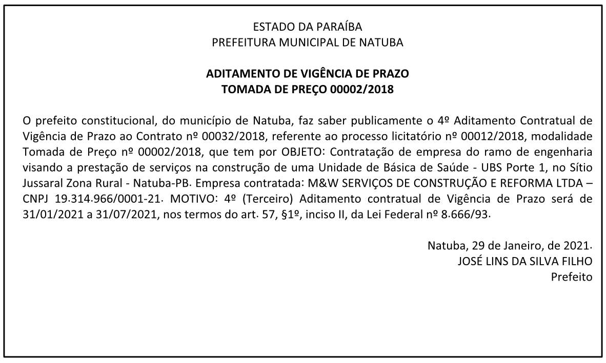 PREFEITURA MUNICIPAL DE NATUBA – ADITAMENTO DE VIGÊNCIA DE PRAZO – TOMADA DE PREÇO 00002/2018