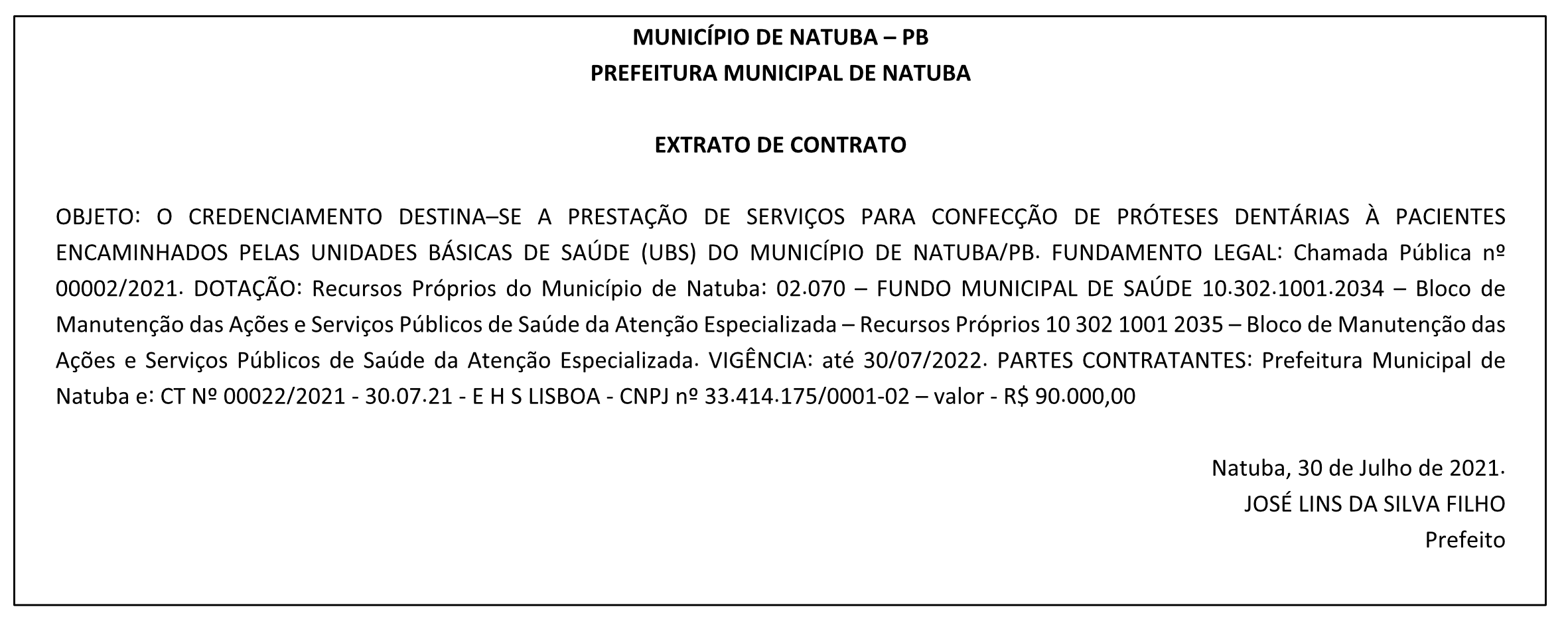 PREFEITURA MUNICIPAL DE NATUBA – EXTRATO DE CONTRATO