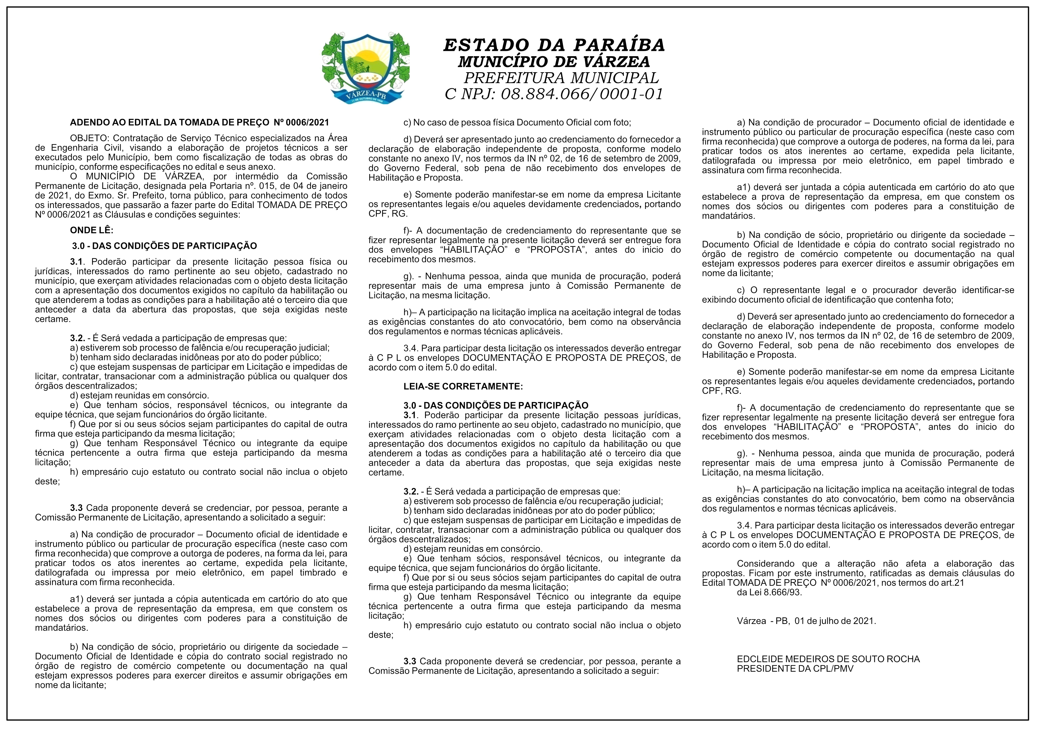 PREFEITURA MUNICIPAL DE VÁRZEA – ADENDO AO EDITAL DA TOMADA DE PREÇO Nº 0006/2021