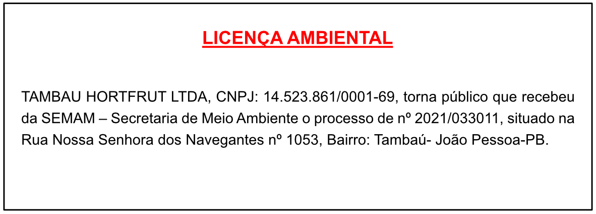 TAMBAU HORTFRUT LTDA – LICENÇA AMBIENTAL