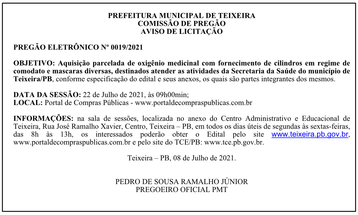 PREFEITURA MUNICIPAL DE TEIXEIRA – COMISSÃO DE PREGÃO – AVISO DE LICITAÇÃO – PREGÃO ELETRÔNICO Nº 0019/2021