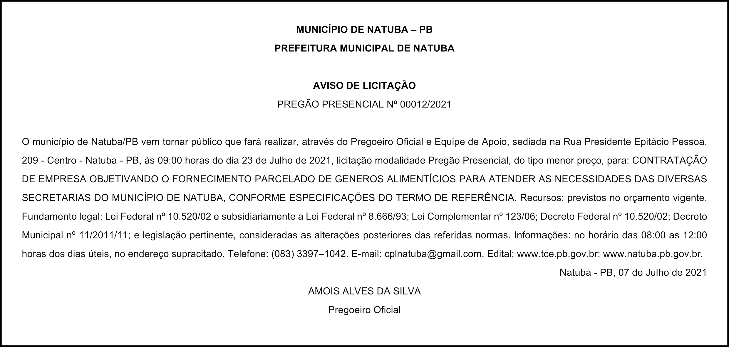 PREFEITURA MUNICIPAL DE NATUBA – AVISO DE LICITAÇÃO – PREGÃO PRESENCIAL Nº 00012/2021