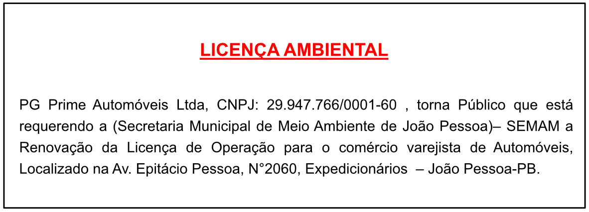 PG Prime Automóveis Ltda – Licença Ambiental