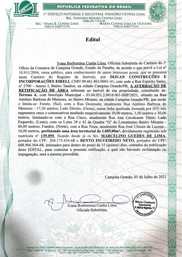 EDITAL – DIJUAN CONSTRUÇÕES E INCORPORAÇÕES EIRELI