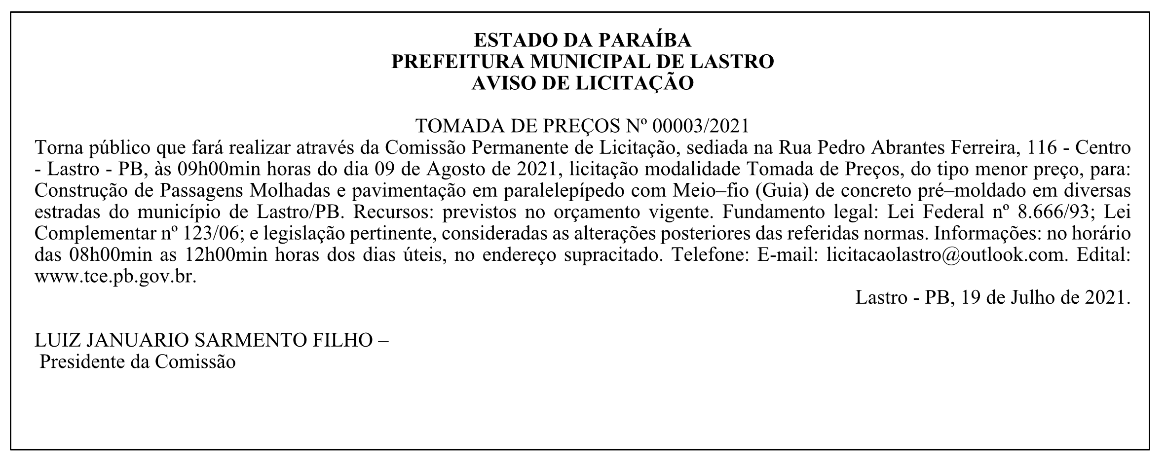 PREFEITURA MUNICIPAL DE LASTRO – AVISO DE LICITAÇÃO – TOMADA DE PREÇOS Nº 00003/2021