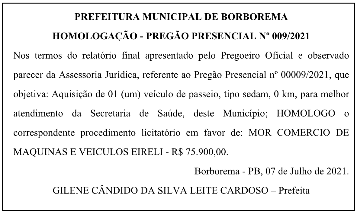 PREFEITURA MUNICIPAL DE BORBOREMA – HOMOLOGAÇÃO – PREGÃO PRESENCIAL Nº 009/2021
