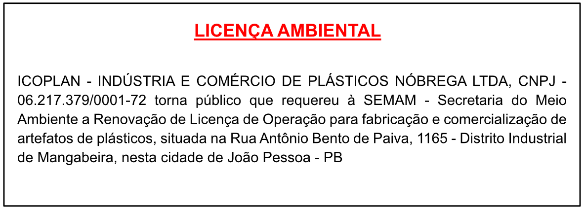 ICOPLAN – INDÚSTRIA E COMÉRCIO DE PLÁSTICOS NÓBREGA LTDA – LICENÇA AMBIENTAL
