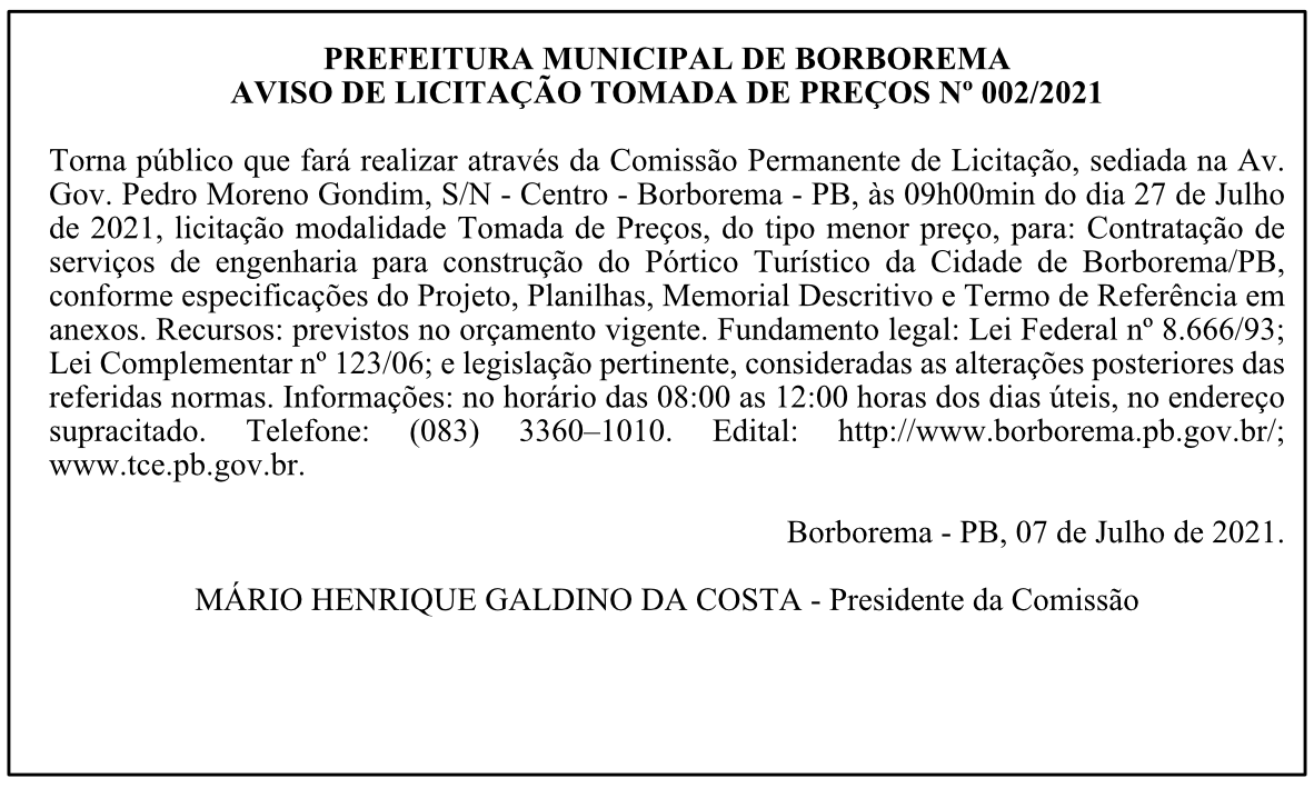 PREFEITURA MUNICIPAL DE BORBOREMA – AVISO DE LICITAÇÃO – TOMADA DE PREÇOS Nº 002/2021