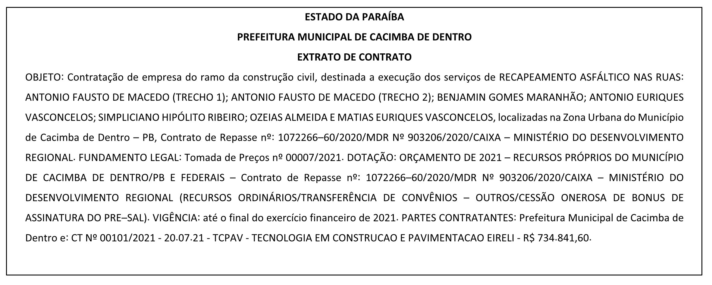 PREFEITURA MUNICIPAL DE CACIMBA DE DENTRO – EXTRATO DE CONTRATO