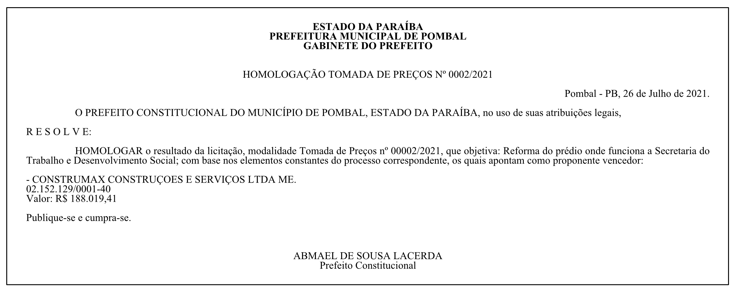 PREFEITURA MUNICIPAL DE POMBAL – GABINETE DO PREFEITO – HOMOLOGAÇÃO – TOMADA DE PREÇOS Nº 0002/2021