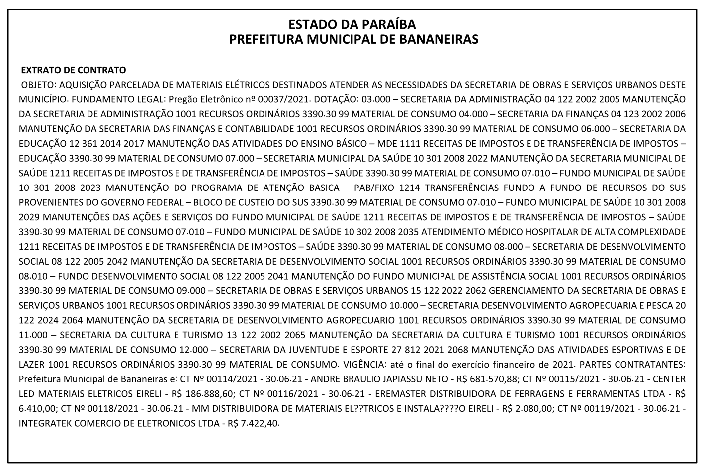 PREFEITURA MUNICIPAL DE BANANEIRAS – EXTRATO DE CONTRATO