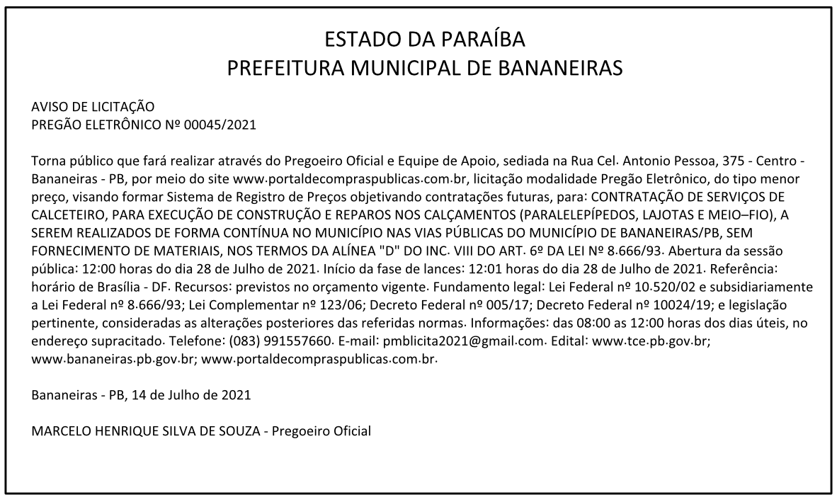 PREFEITURA MUNICIPAL DE BANANEIRAS – AVISO DE LICITAÇÃO – PREGÃO ELETRÔNICO Nº 00045/2021