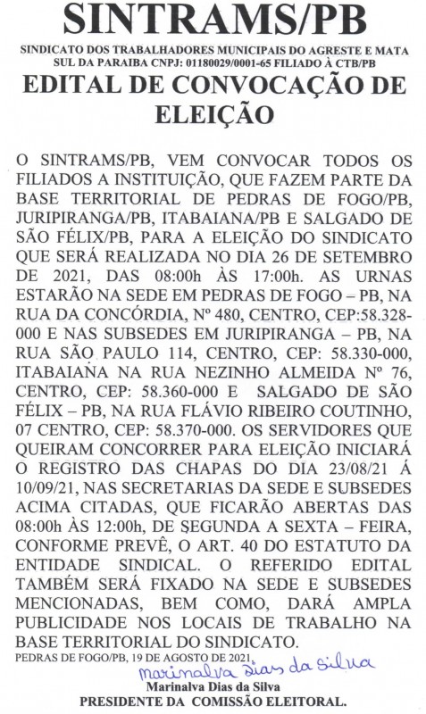 SINTRAMS/PB – EDITAL DE CONVOCAÇÃO DE  ELEIÇÃO