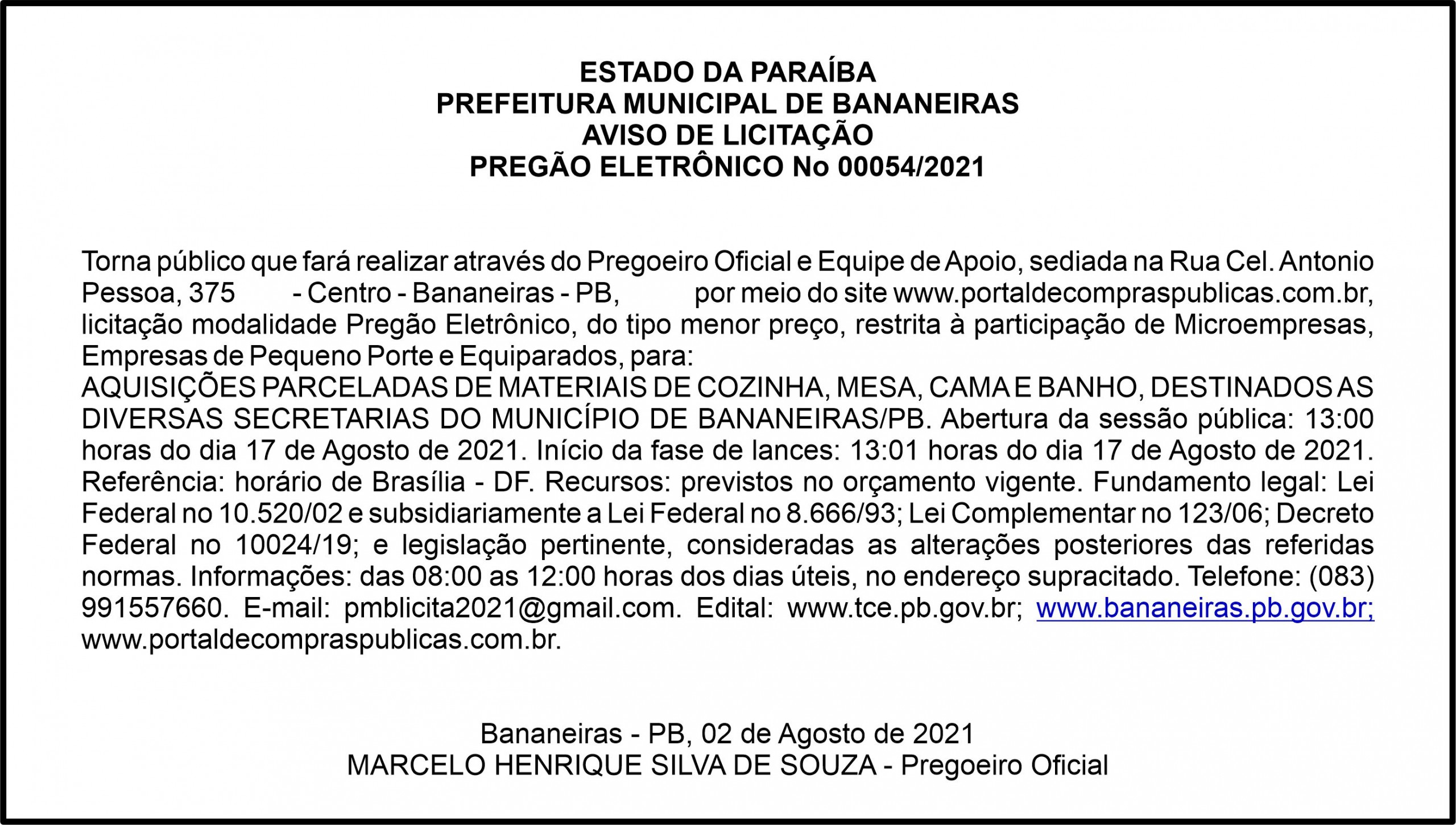PREFEITURA MUNICIPAL DE BANANEIRAS – AVISO DE LICITAÇÃO – PREGÃO ELETRÔNICO No 00054/2021