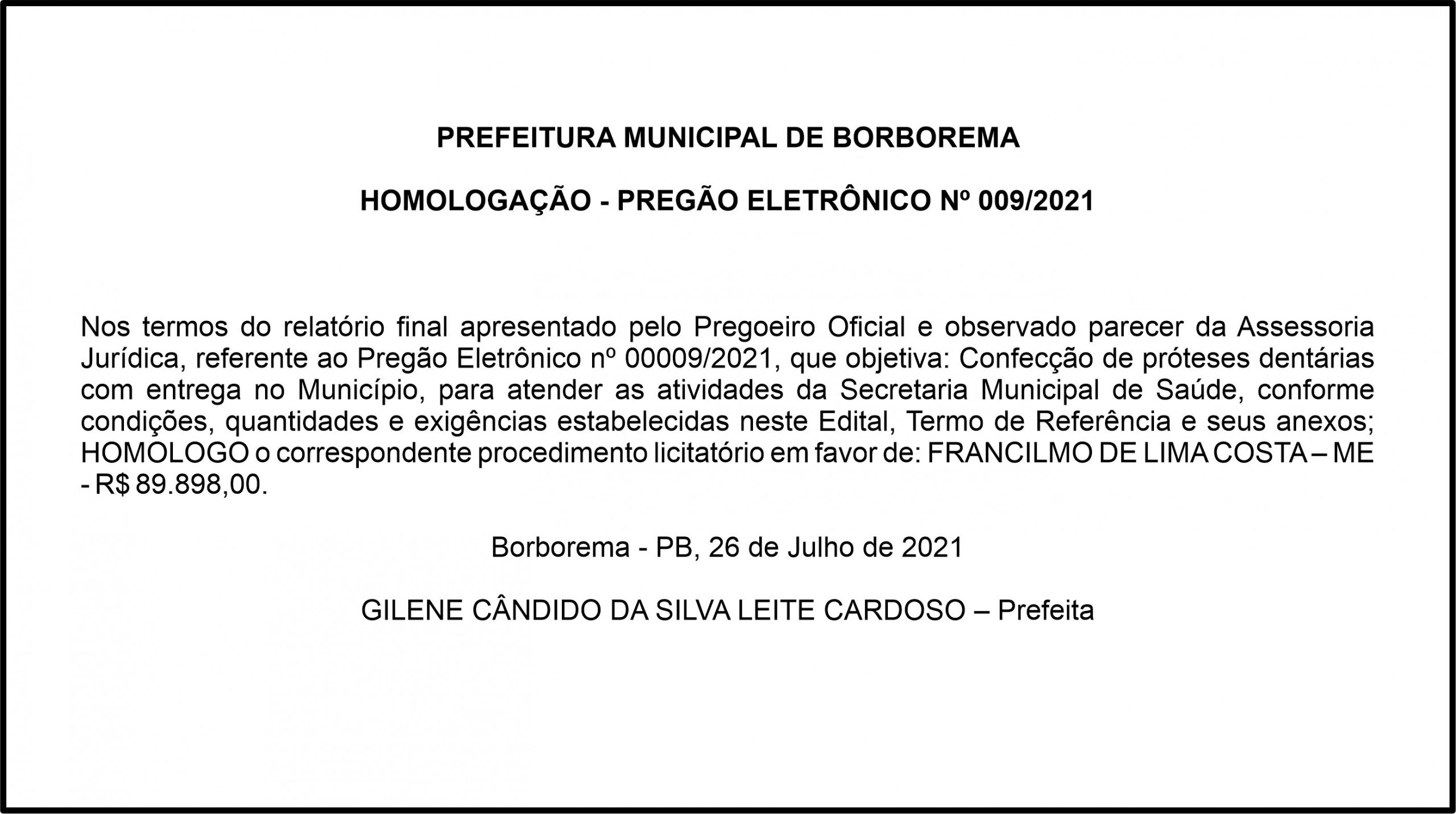 PREFEITURA MUNICIPAL DE BORBOREMA – HOMOLOGAÇÃO – PREGÃO ELETRÔNICO Nº 009/2021