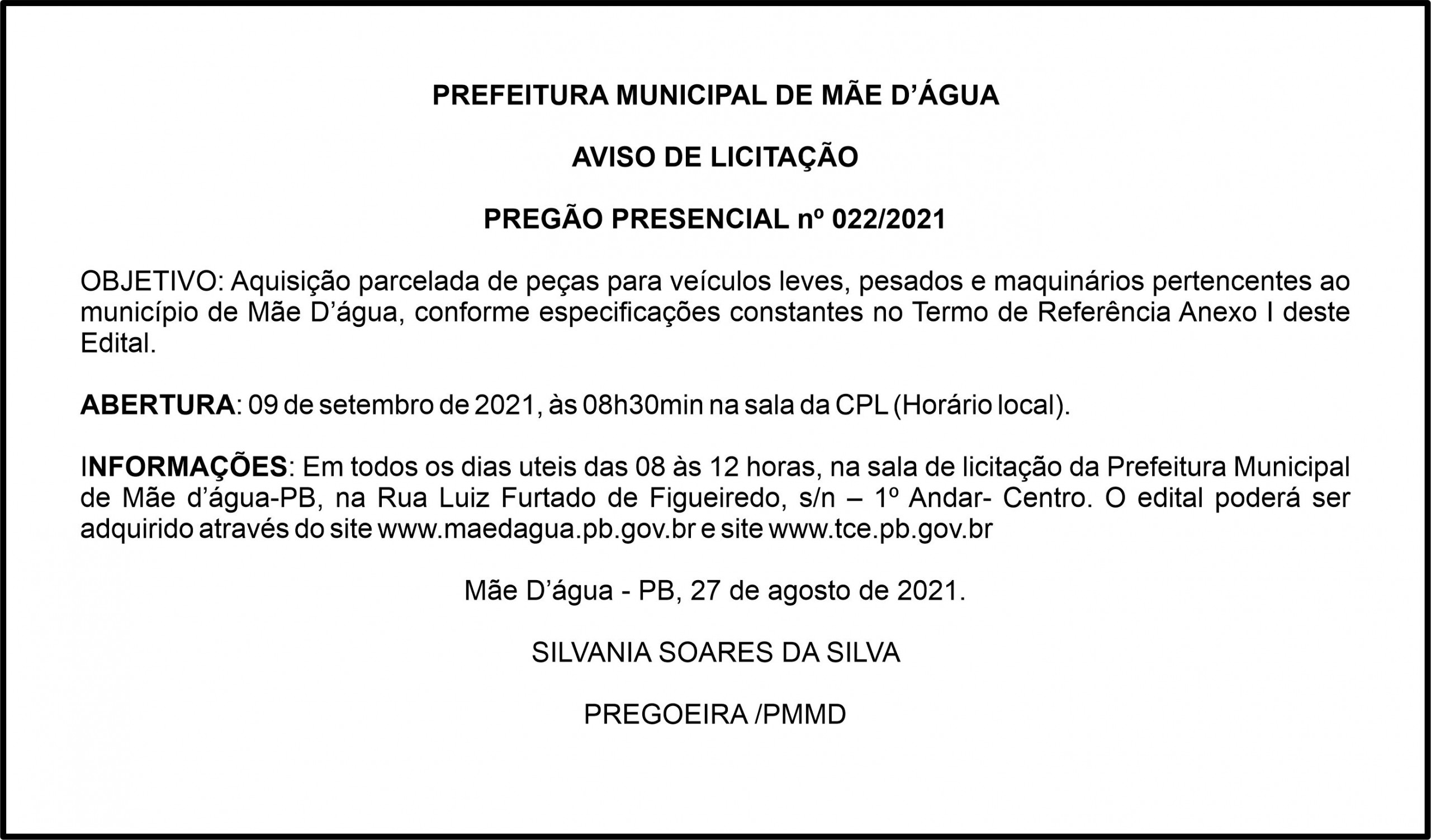 PREFEITURA MUNICIPAL DE MÃE D’ÁGUA  – AVISO DE LICITAÇÃO – PREGÃO PRESENCIAL nº 022/2021