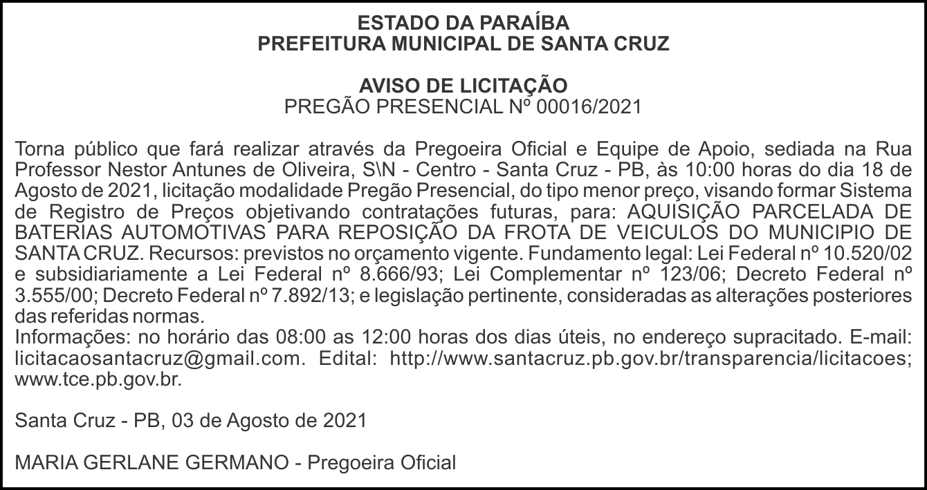 Prefeitura Municipal de Santa Cruz – Aviso de Licitação – Pregão Presencial – Nº 00016/2021