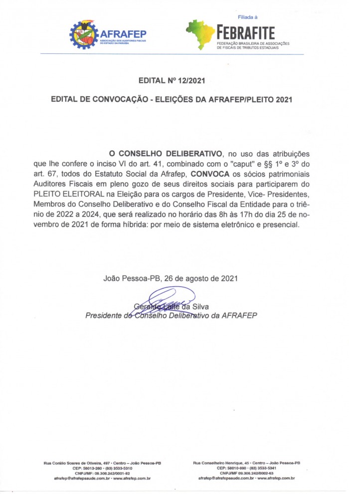 AFRAFEP – Edital Nº 12/2021 – Edital de Convocação – Eleições da AFRAFEP/PLEITO 2021