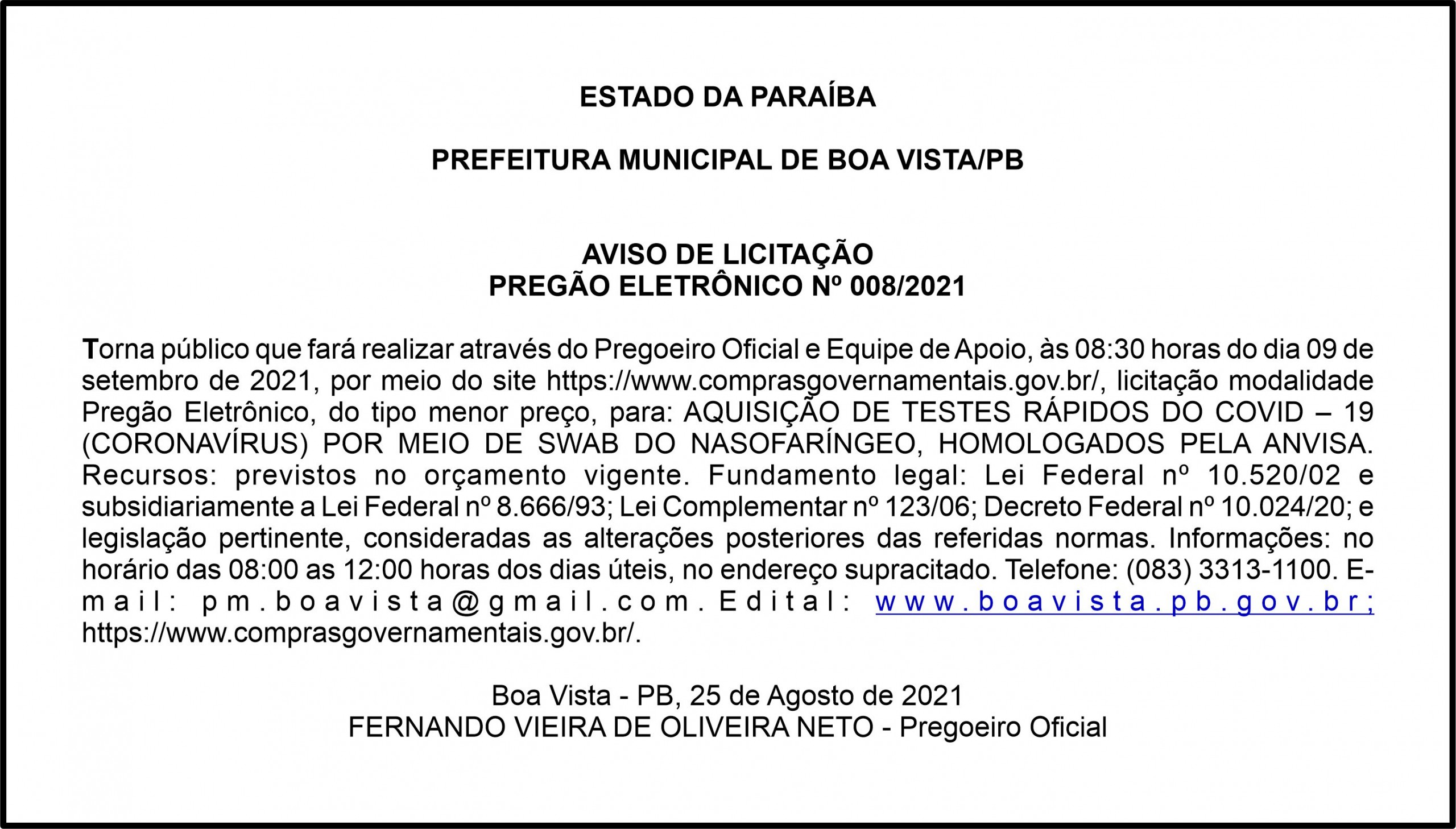 PREFEITURA MUNICIPAL DE BOA VISTA/PB – AVISO DE LICITAÇÃO – PREGÃO ELETRÔNICO Nº 008/2021