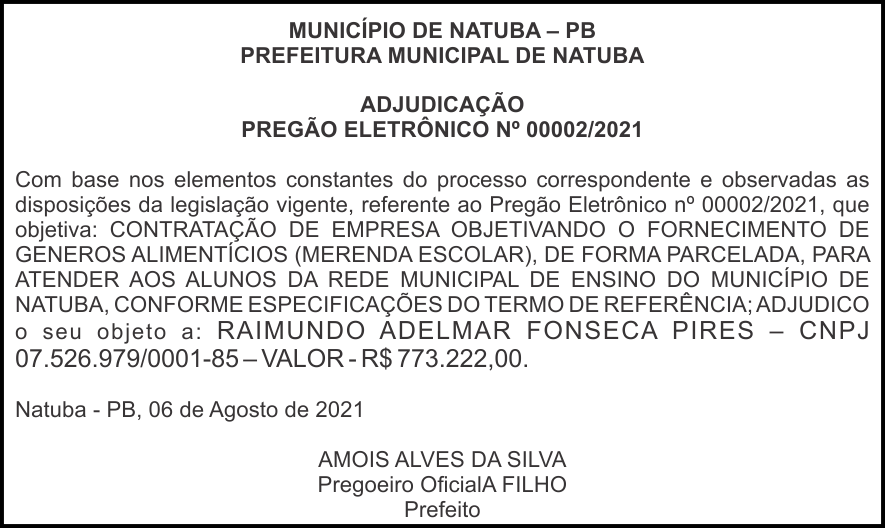 PREFEITURA MUNICIPAL DE NATUBA – ADJUDICAÇÃO -PREGÃO ELETRÔNICO Nº 00002/2021