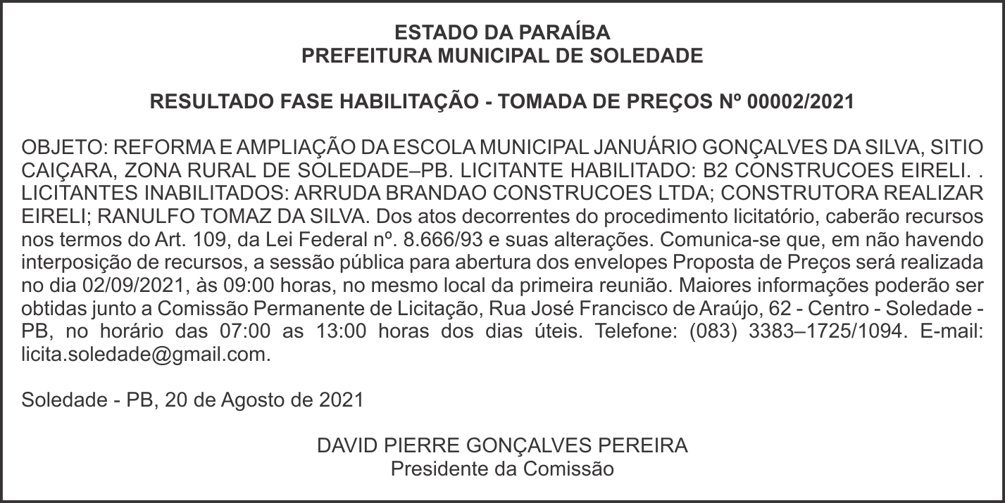 PREFEITURA MUNICIPAL DE SOLEDADE – RESULTADO FASE HABILITAÇÃO – TOMADA DE PREÇOS Nº 00002/2021