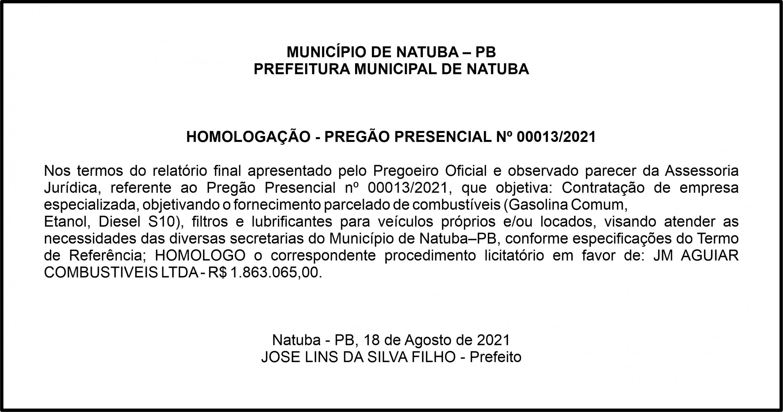 PREFEITURA MUNICIPAL DE NATUBA – HOMOLOGAÇÃO – PREGÃO PRESENCIAL Nº 00013/2021