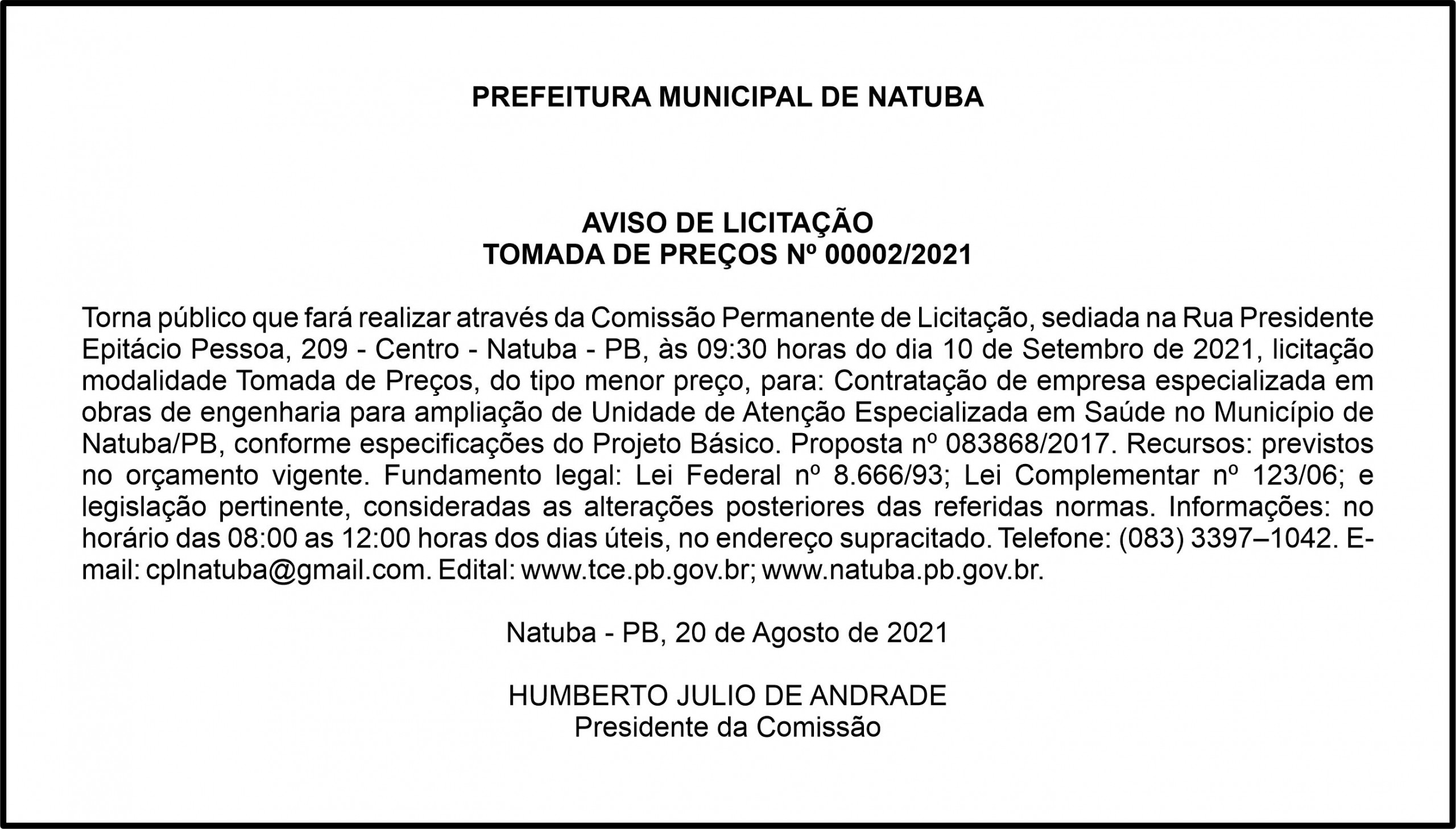 PREFEITURA MUNICIPAL DE NATUBA – AVISO DE LICITAÇÃO – TOMADA DE PREÇOS Nº 00002/2021