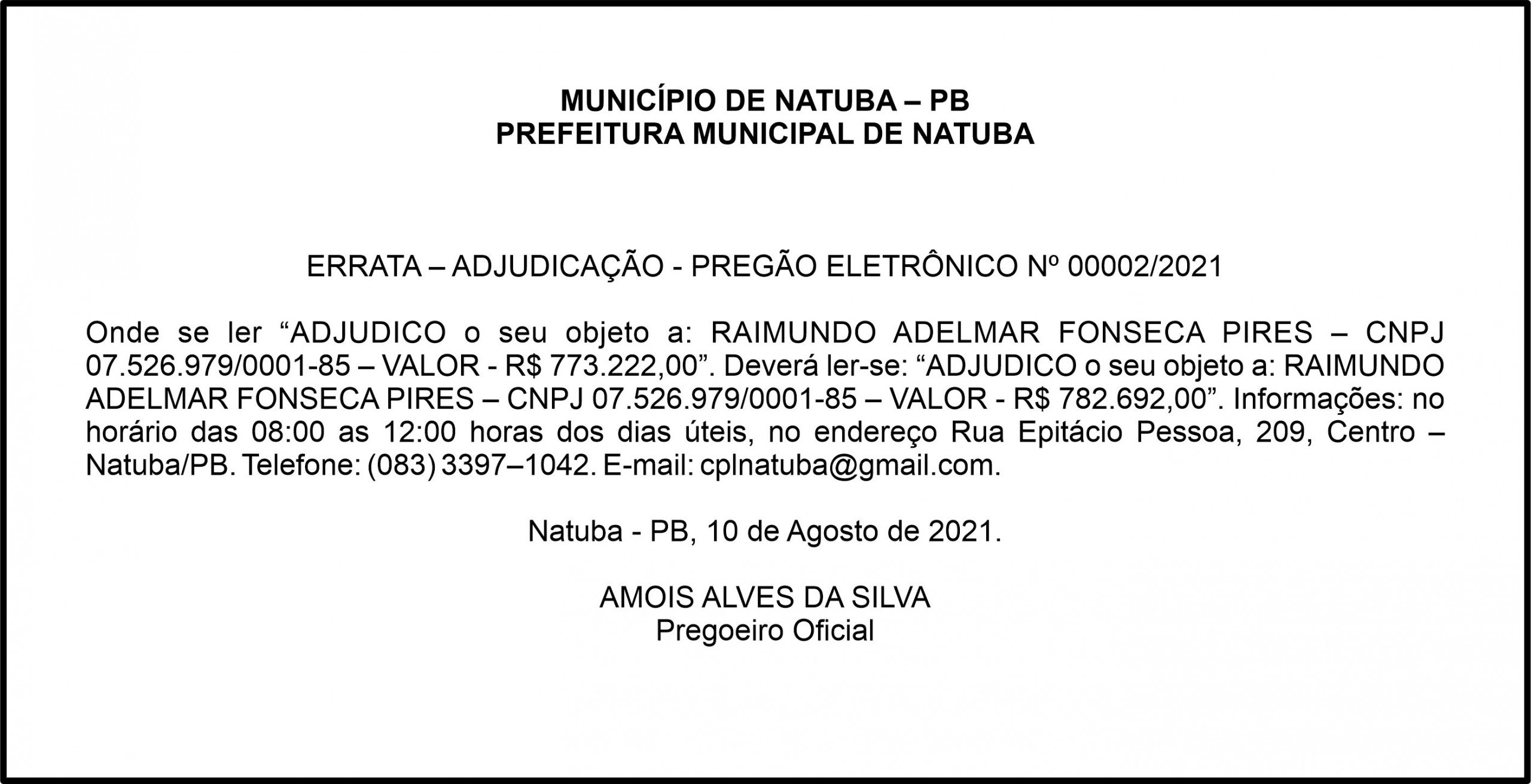 PREFEITURA MUNICIPAL DE NATUBA – ERRATA – ADJUDICAÇÃO – PREGÃO ELETRÔNICO Nº 00002/2021