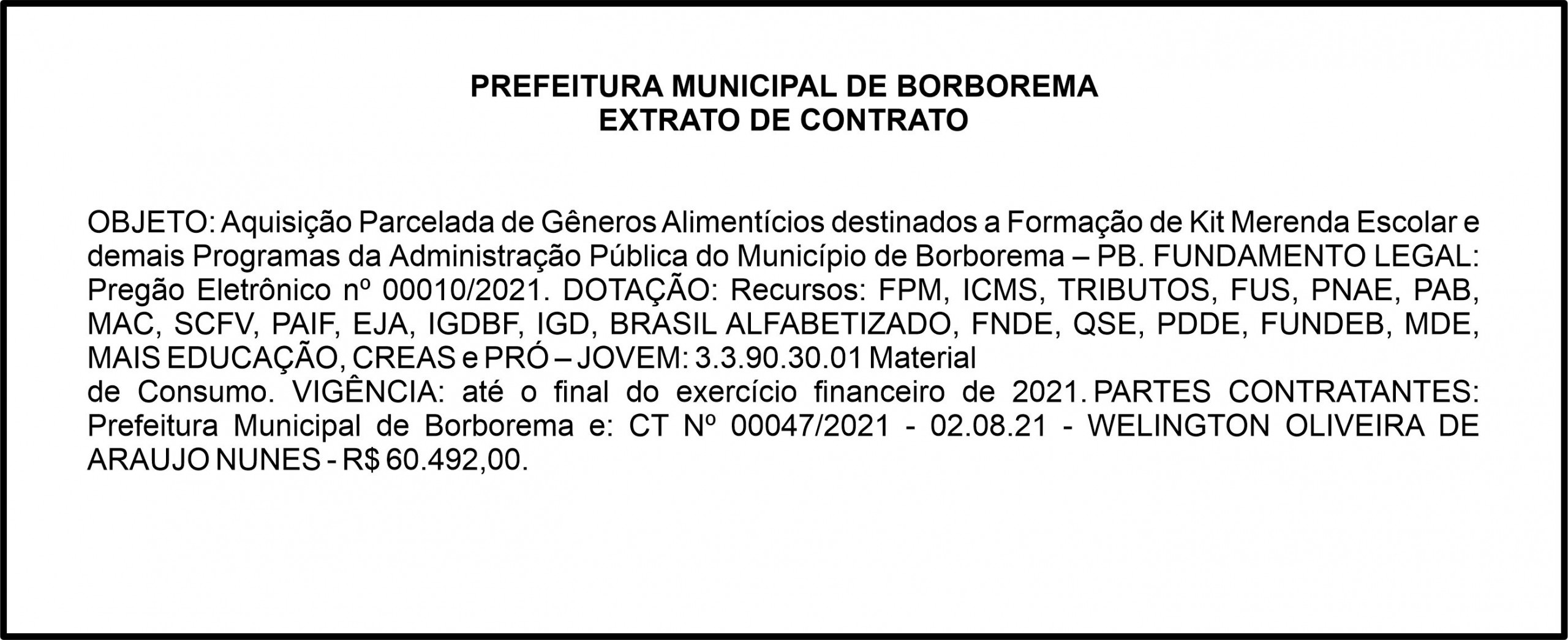PREFEITURA MUNICIPAL DE BORBOREMA – EXTRATO DE CONTRATO