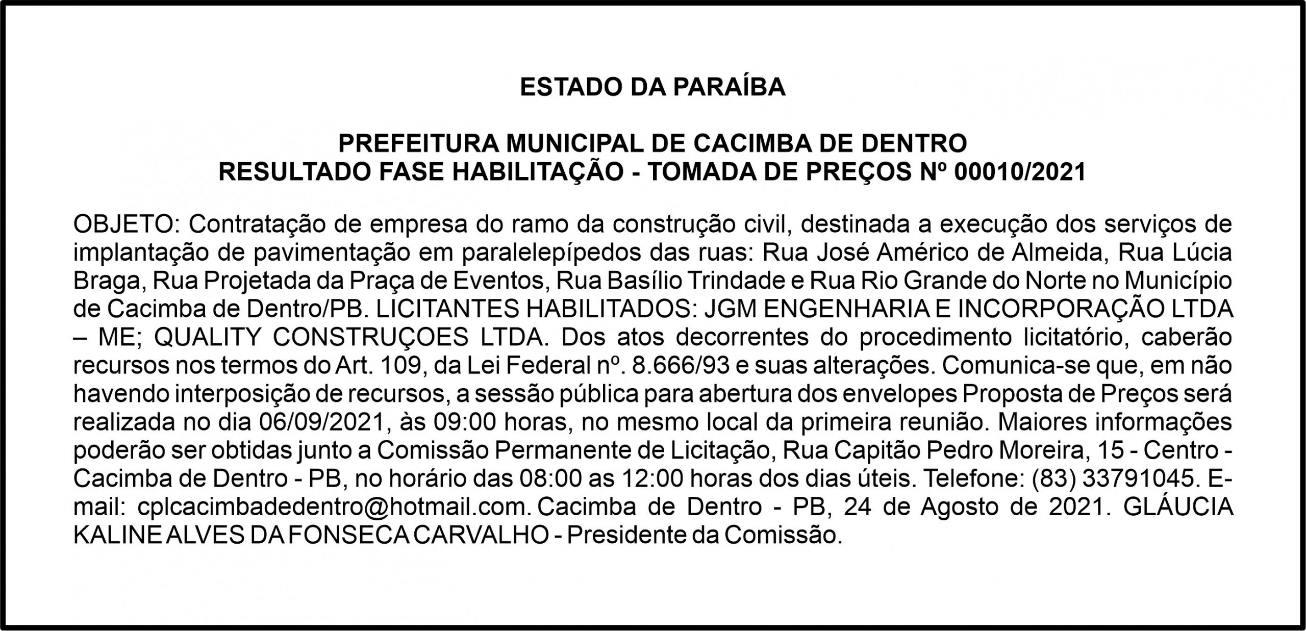 PREFEITURA MUNICIPAL DE CACIMBA DE DENTRO – RESULTADO FASE HABILITAÇÃO – TOMADA DE PREÇOS Nº 00010/2021
