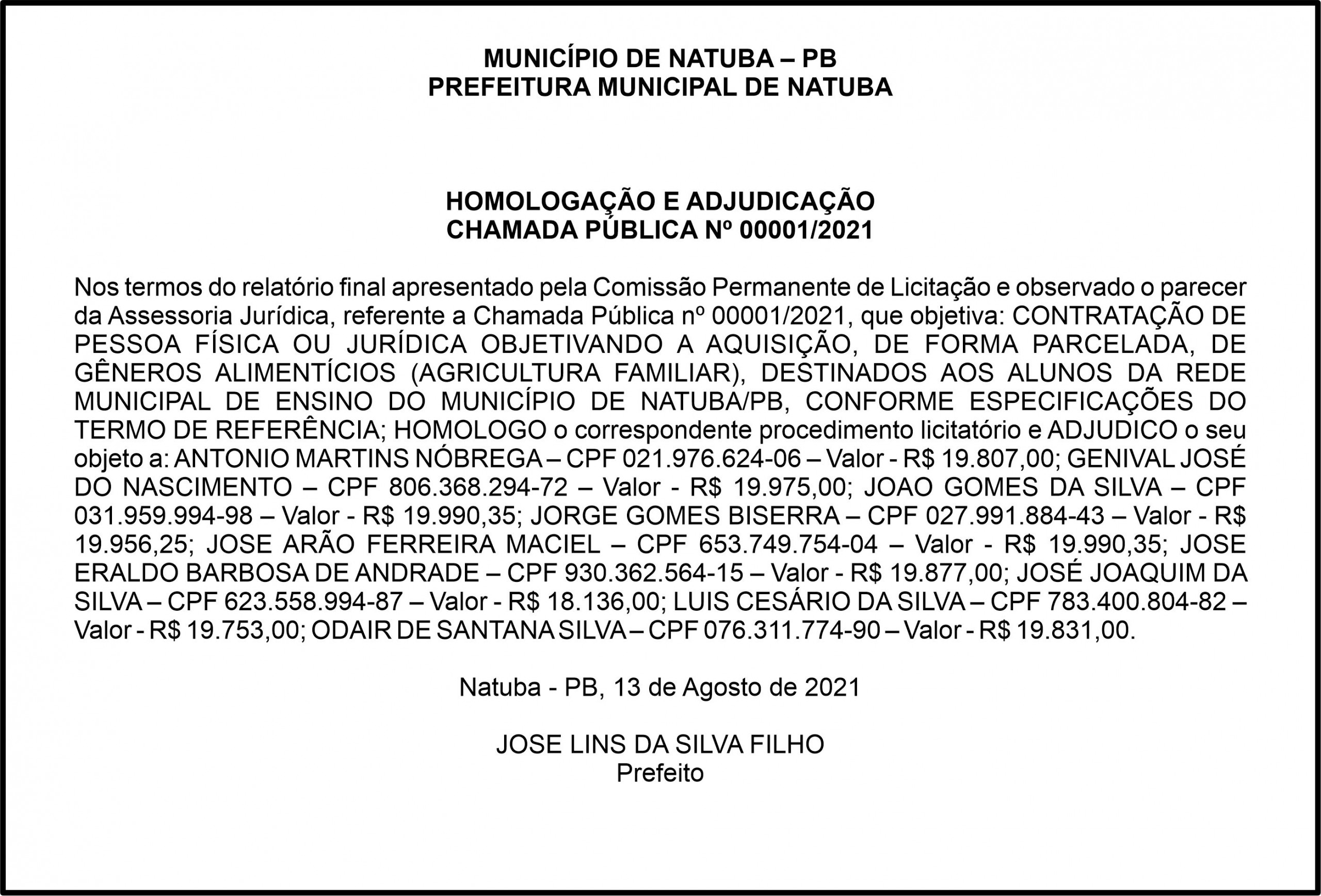 PREFEITURA MUNICIPAL DE NATUBA – HOMOLOGAÇÃO E ADJUDICAÇÃO – CHAMADA PÚBLICA Nº 00001/2021